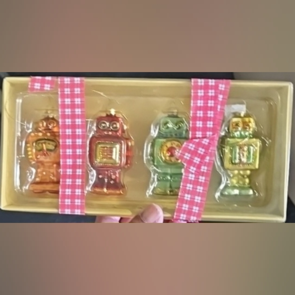 GLASS ROBOT ORNAMENTS 3" Retro 2009 Sci-Fi Christmas Tree Outer Space Age NOS